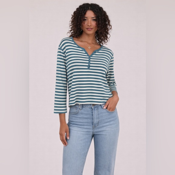 Rafaella Tops - Rafaella Teal and White Striped Long Sleeve Top